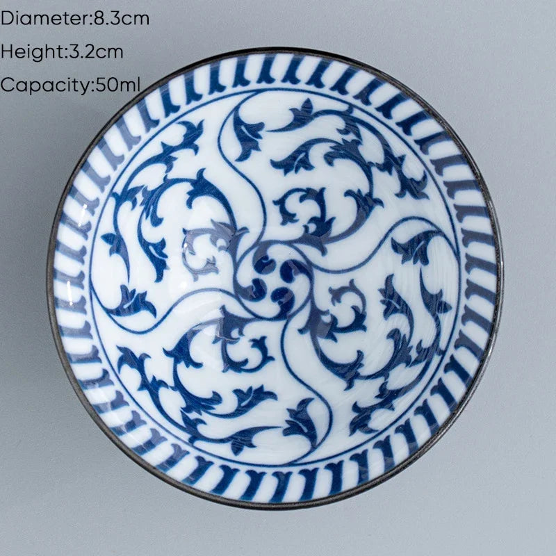 DecorBites™ Blue & White Ceramic Kung Fu Tea Cup, Japanese Style Porcelain Sake Espresso Mug