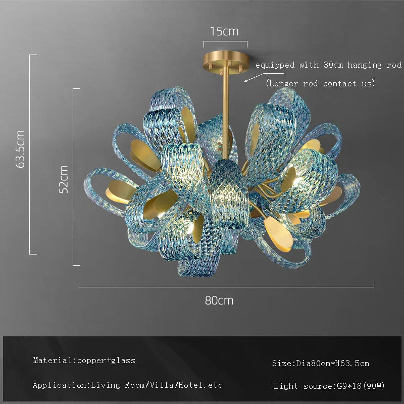 DecorBites™ Blue Glass Flower Ceiling Chandelier Copper Hanging Lamps