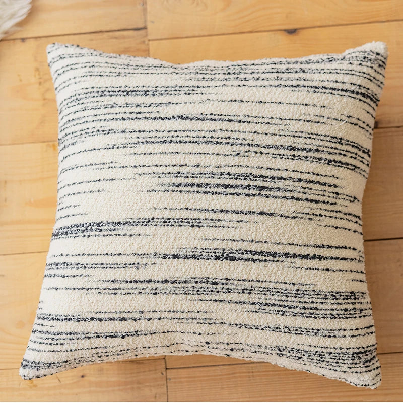 DecorBites™ Comfort Woolen Pillow Cover Beige Black Striped 45*45 Luxe Plush Home Décor