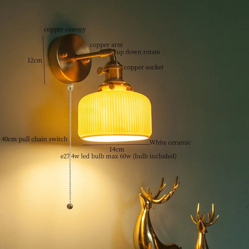 DecorBites™ Brass Ceramic LED Wall Light | Nordic Modern Bedside Lamp for Bedroom, Bathroom, and Sofa