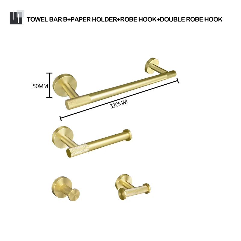 DecorBites™ Brushed Gold Bathroom Set: Towel Bar, Toilet Paper Holder, Hook - Wall Mount Kit