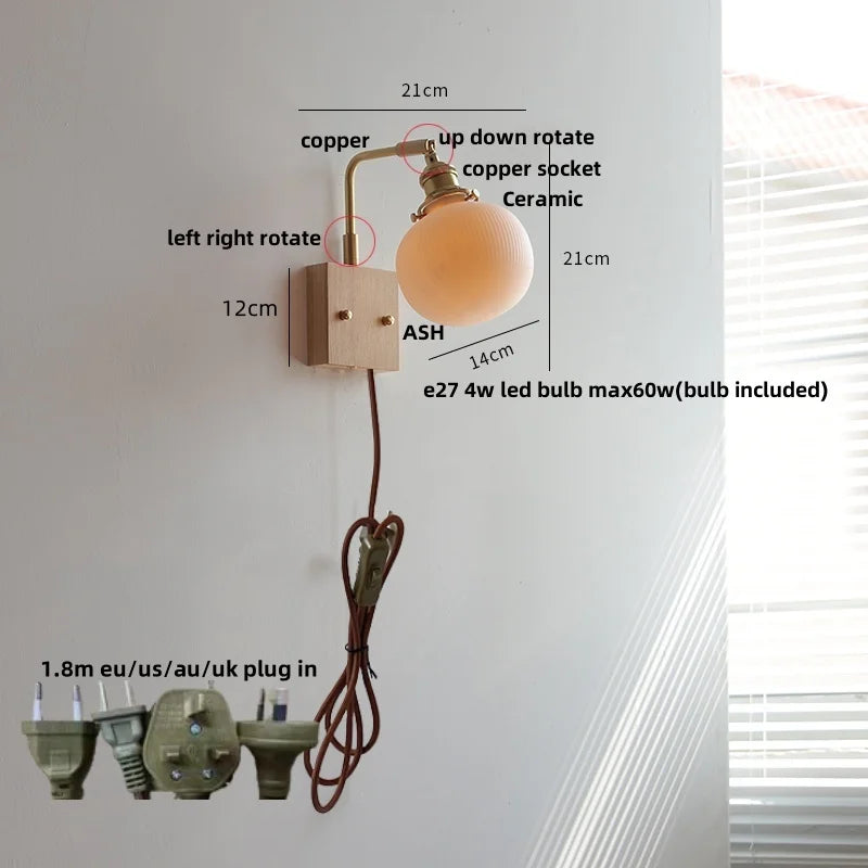 DecorBites™ Ceramic LED Wall Light Fixture White Copper Walnut Ash Bedside Lamp