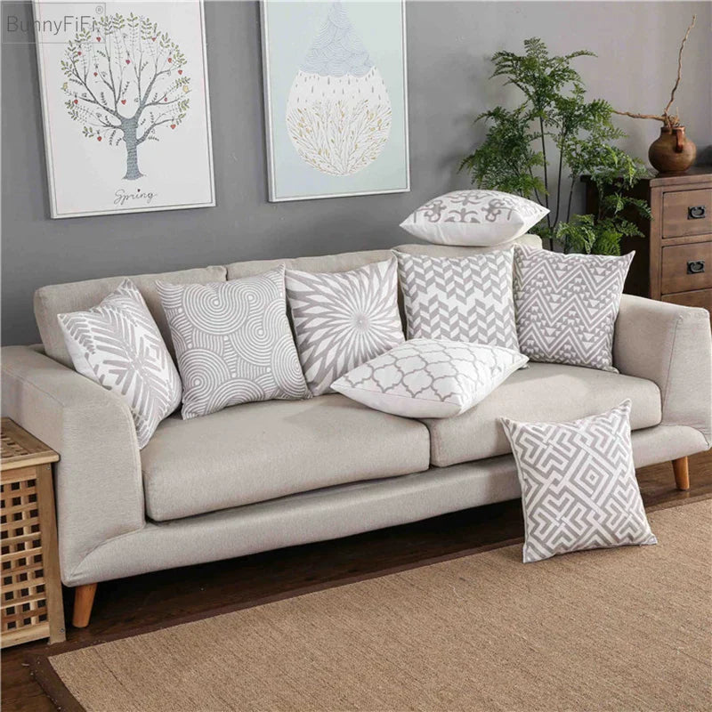 DecorBites™ Geometric Embroidered Cushion Cover Light Grey Cotton 45x45cm