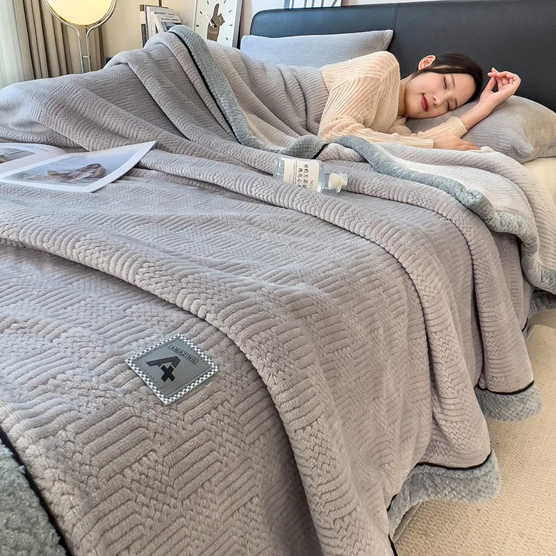 DecorBites™ Cozy Jacquard Plush Blanket - Soft Coral Fleece - All-Season - European Solid Stripes