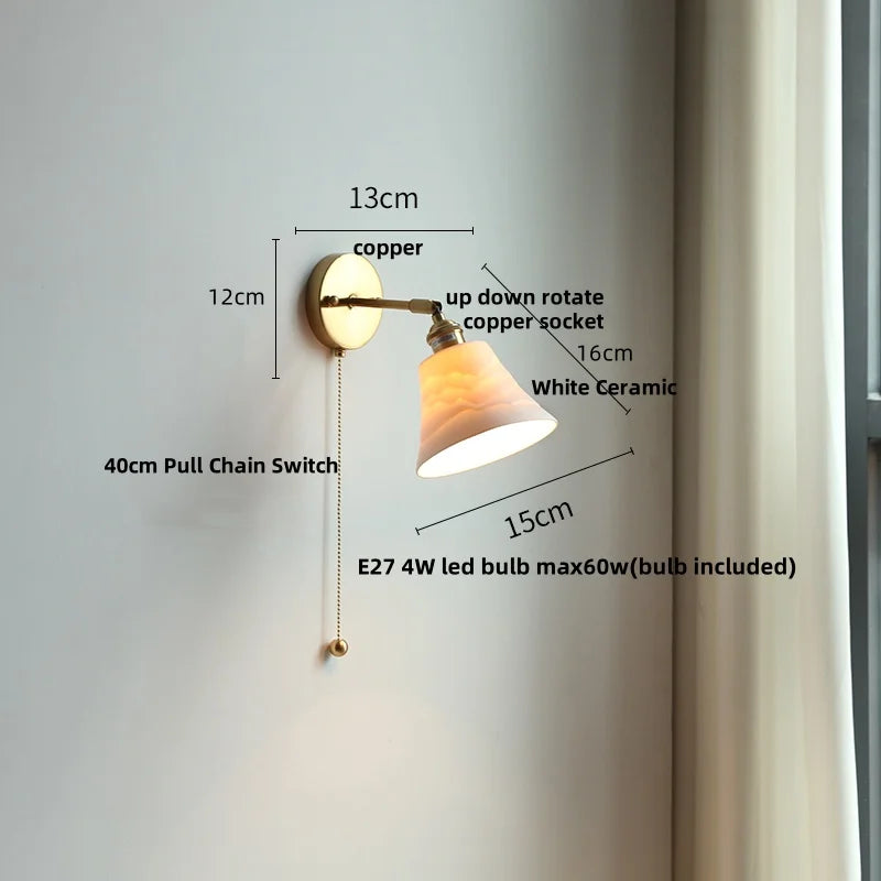 DecorBites™ Copper Canopy LED Wall Sconce, White Ceramic Bedside Light for Bedroom, Modern Nordic Design