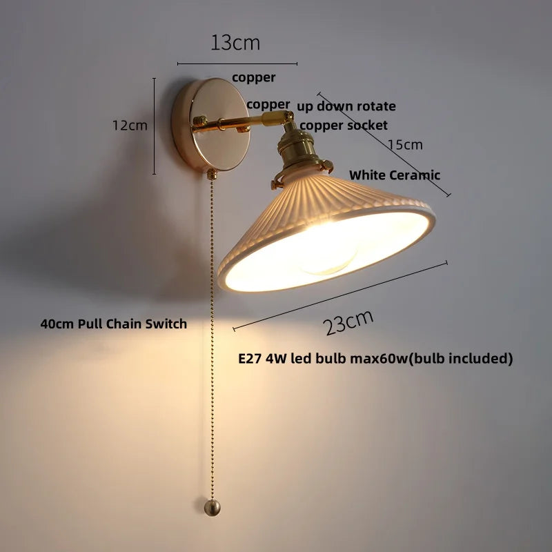 DecorBites™ Copper Canopy LED Wall Sconce, White Ceramic Bedside Light for Bedroom, Modern Nordic Design