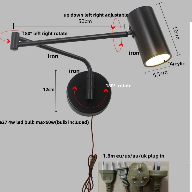 DecorBites™ Acrylic Iron LED Wall Lamp Modern Rotate Black Stair Light