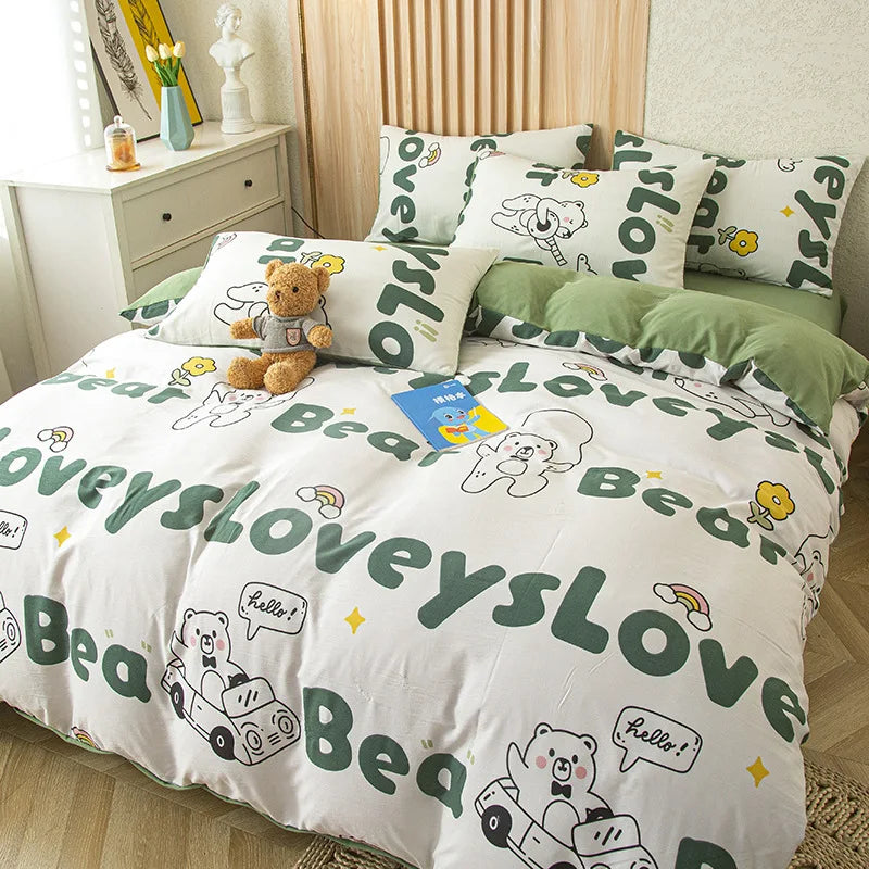 DecorBites™ Cat Bear Print Bedding Set Single Queen Girls Boys Fashion
