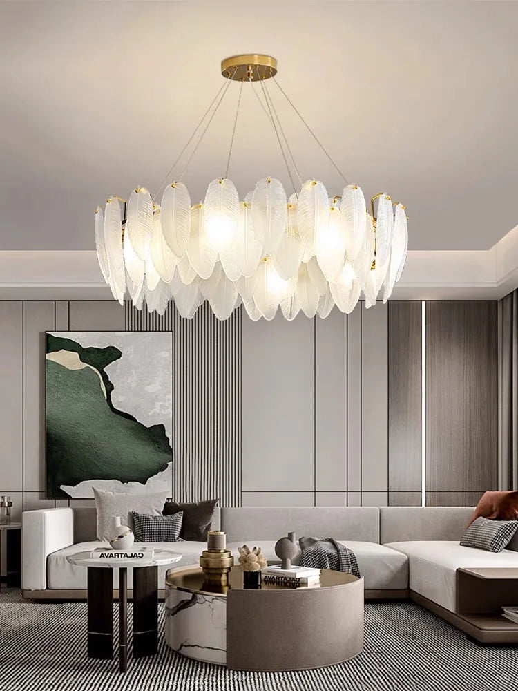 DecorBites™ Glass Feather Chandelier: Luxury Art Decor for Living Dining Room