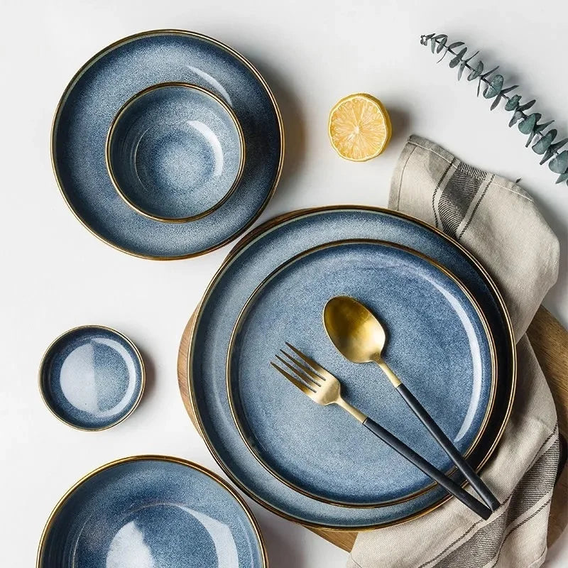 DecorBites™ Blue Gradient Ceramic Plate Set - Elegant Dinner & Dessert Plates, Salad Soup Bowl - Luxury Tableware