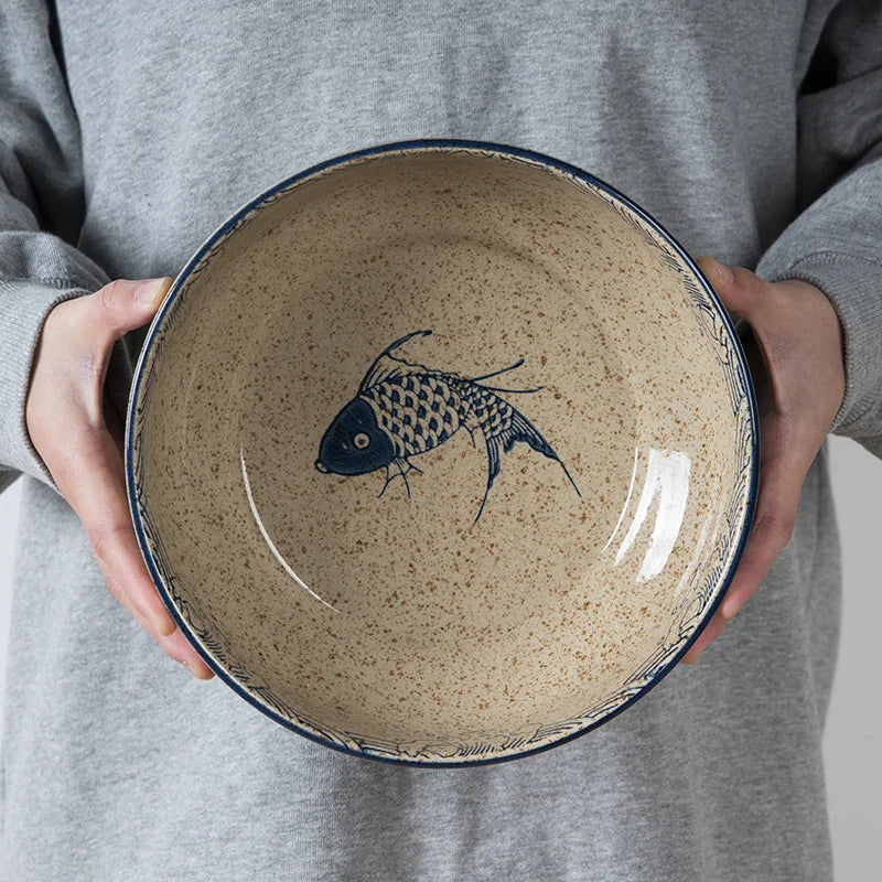 DecorBites™ 9" Retro Ceramic Ramen Noodle Bowl - Japanese Style Soup Bowl for Pickled Cabbage Fish