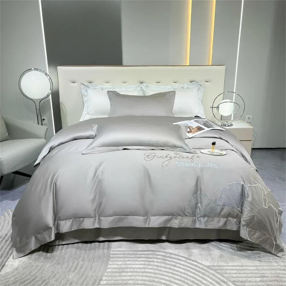 DecorBites™ 1200TC Embroidery Egyptian Cotton Bedding Set 4pcs King Queen Solid Sheet Duvet Cover