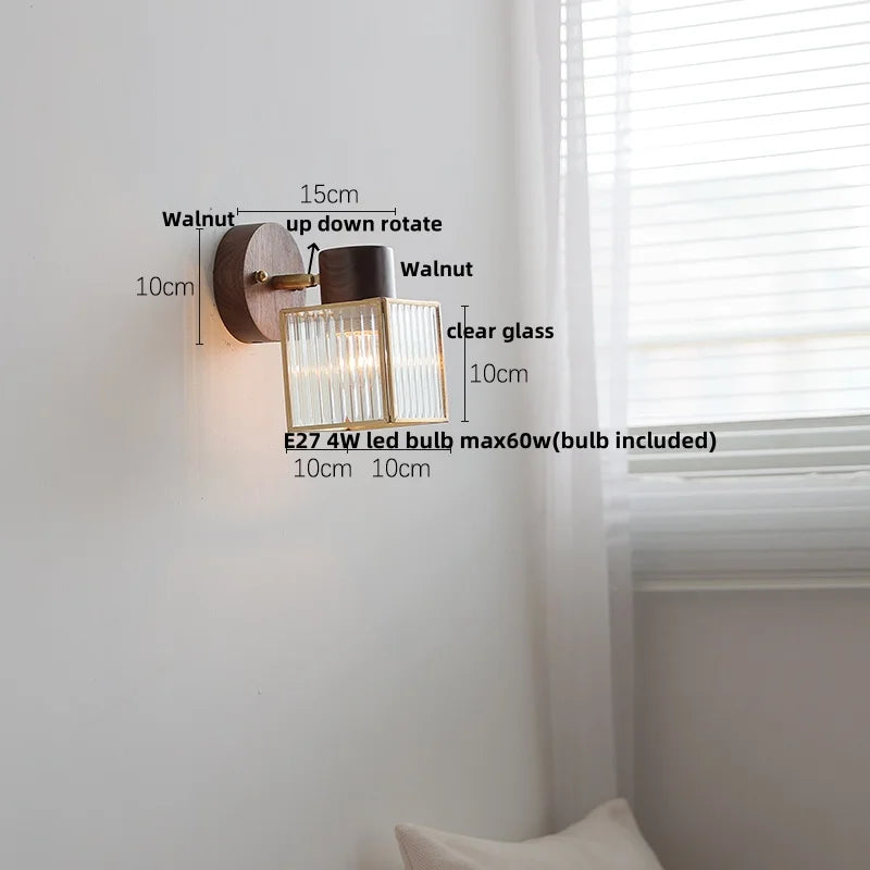 DecorBites™ LED Walnut Wood Wall Sconce Clear Glass Bathroom Mirror Light