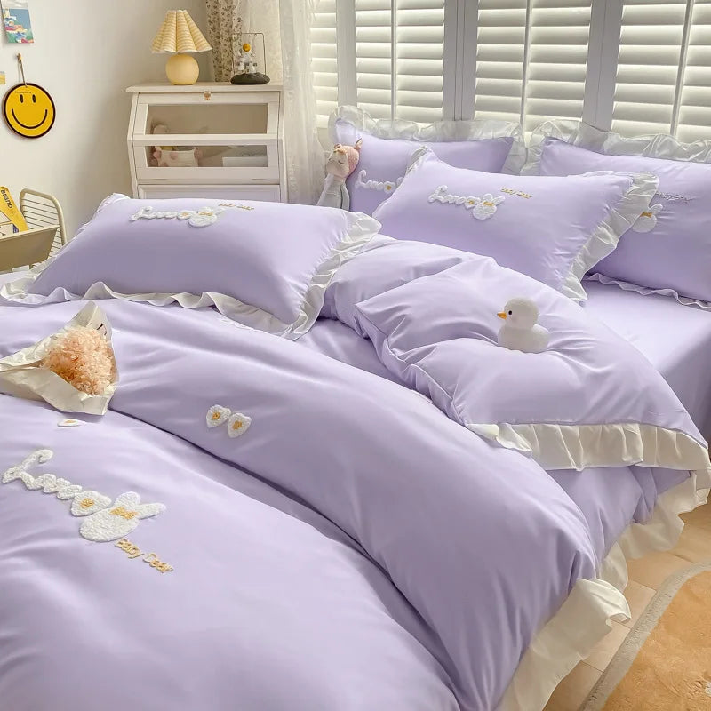DecorBites™ Cartoon Princess Embroidered Cotton Bedding Set for Adult Girls