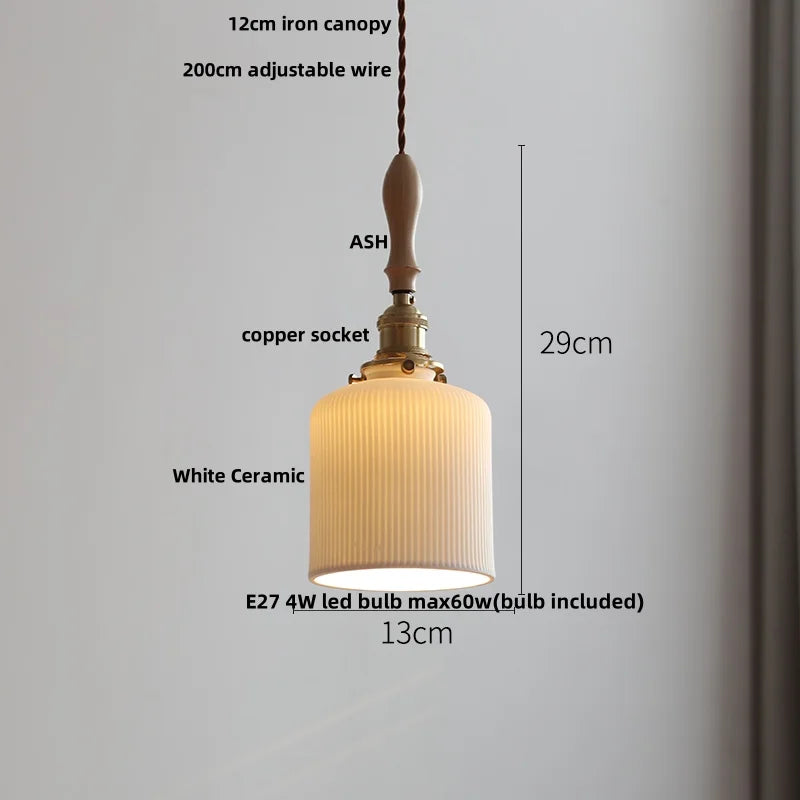 DecorBites™ LED Pendant Light Ash Wood White Ceramic Japanese Style Hanging Lamp