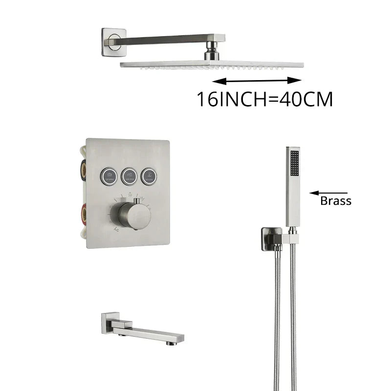 DecorBites™ Brushed Nickel Thermostatic Shower Faucet Set for Wall Mount Bathroom with Rainfall Shower Head