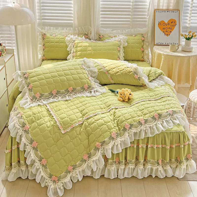 DecorBites™ Korean Princess Bedding Set: Flowers, Lace, Ruffles, Embroidery, Quilted, Duvet Cover, Bedspread