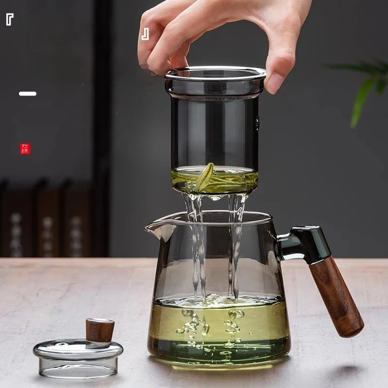 DecorBites™ Glass Tea Set with Wooden Handle Teapot on Retro Glass Tray