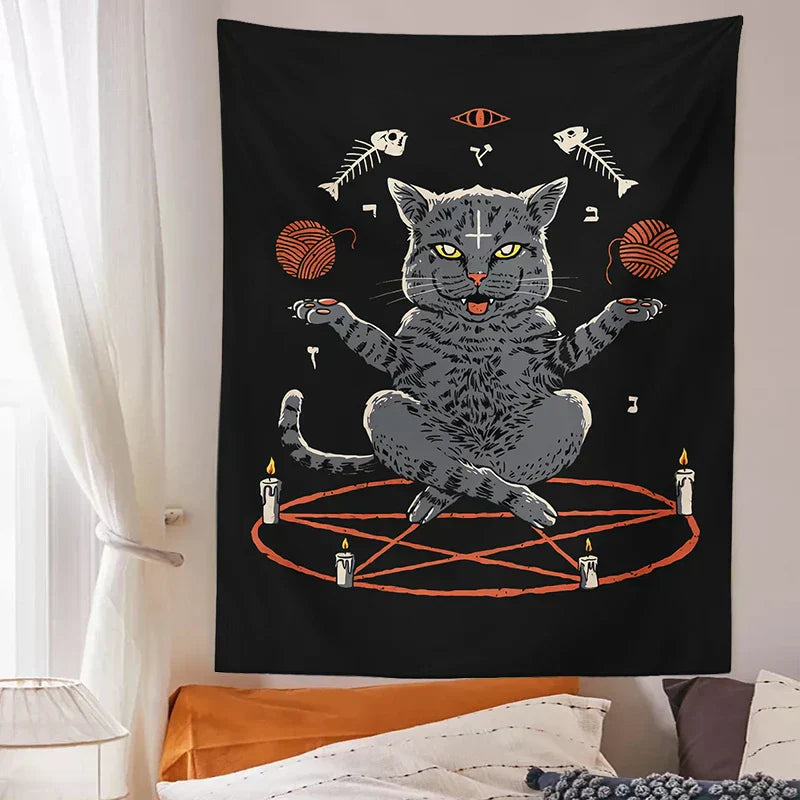 DecorBites™ Cat Coven Tapestry Wall Hanging - Cool Black Witchcraft Decor for Living Room and Bedroom