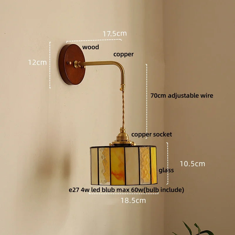 DecorBites™ Ceramic LED Wall Light Copper Pull Chain Wood Base Modern Bedside Lamp