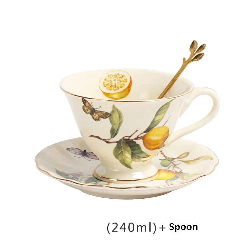 DecorBites™ Gold Edge Cup & Saucer Set: Lemon Teapot, Coffee Mug, Ceramic Plates & Drinkware