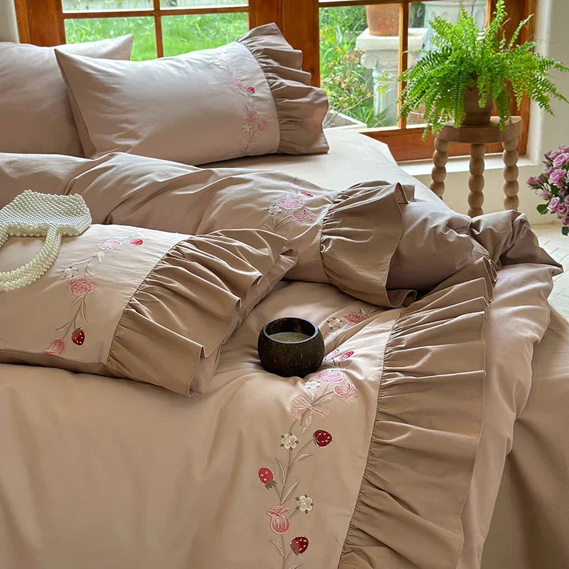 DecorBites™ Korean Princess Style Embroidered Bedding Set with Pleated Ruffles in Egyptian Cotton