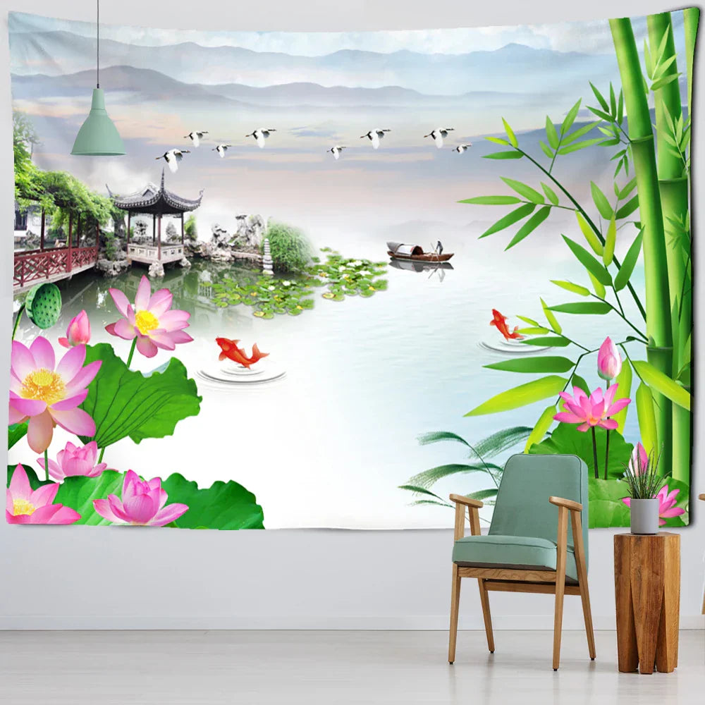 DecorBites™ Ink Lotus Koi Tapestry: Boho Aesthetic Psychedelic Room Art Hippie Decor