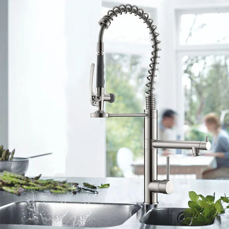 DecorBites™ Brushed Nickel Spring Kitchen Faucet Single Handle 360 Rotation Mixer Tap
