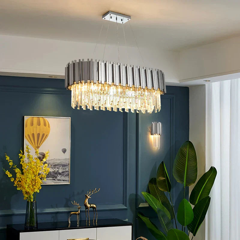DecorBites™ Black Gold Crystal Oval LED Hanging Chandelier Lighting Fixture