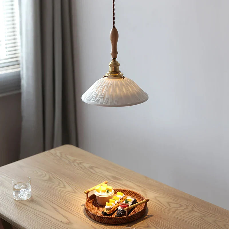 DecorBites™ Adjustable LED Pendant Lights Ash Wood White Ceramic Modern Hanging Lamp