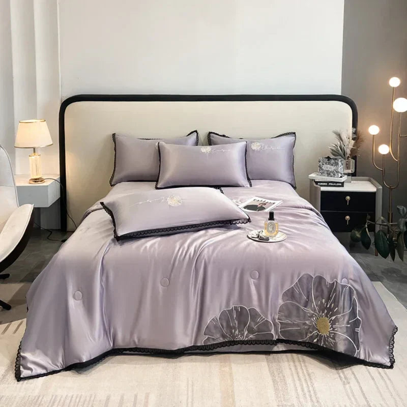 DecorBites™ Luxe Flower Embroidered Cool Quilt Set - Lightweight, Silky, High-End Comfort