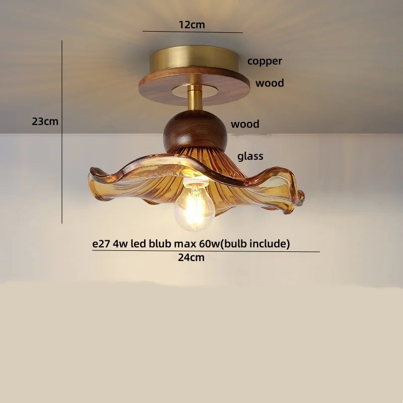 DecorBites™ Wood Copper LED Ceiling Light Amber Glass Plafond Lamp