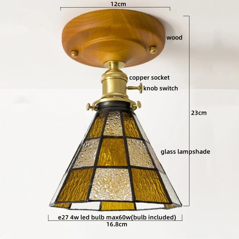 DecorBites™ Green Glass LED Ceiling Lamp Nordic Wood Copper Ceiling Lights