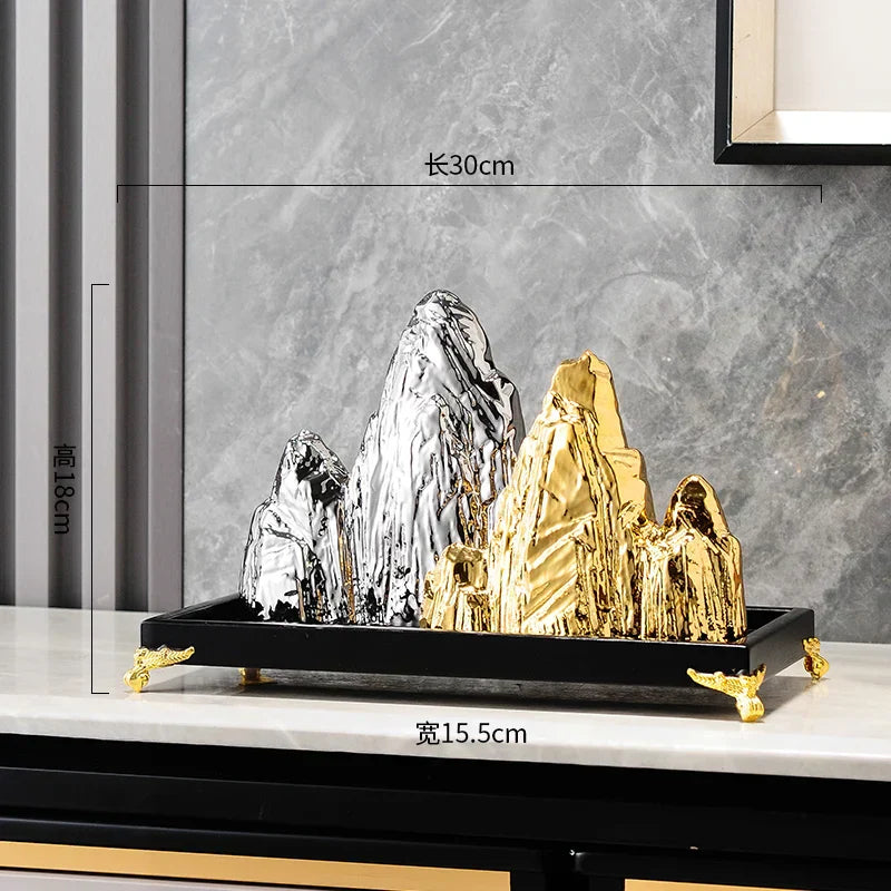 DecorBites™ Ceramic Mountain Sculpture Decor - Golden/Silver Landscape Ornament