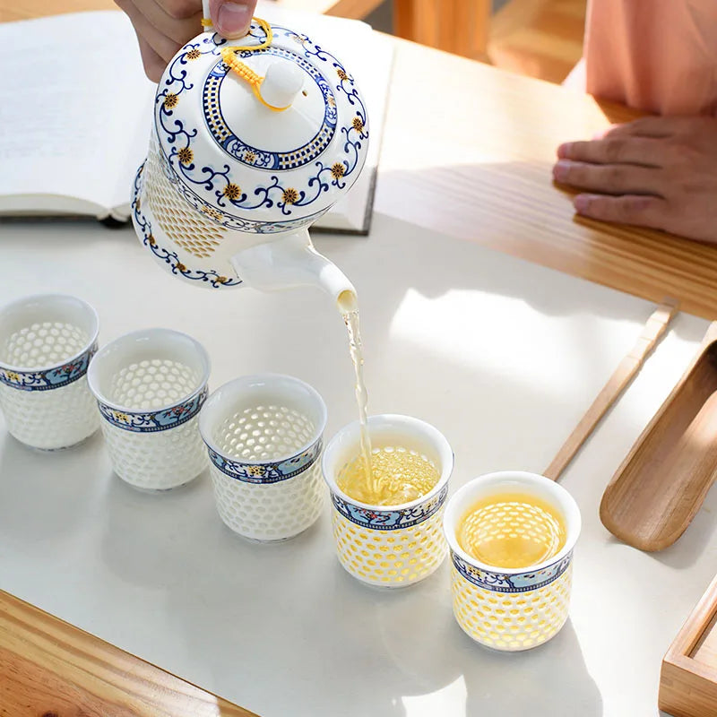 DecorBites™ Blue White Porcelain Tea Set Kungfu Teaware Green Puer Tea Cup Pot Teatime Set
