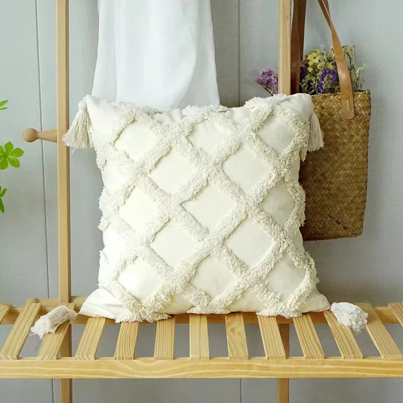 DecorBites™ Geometric Tufted Tassel Cushion Cover Cotton Canvas Fall Pillow Cover