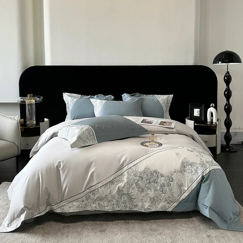 DecorBites™ Luxe Butterfly Flowers Embroidery Bedding Set with Duvet Cover Sheet Pillowcases 4Pcs