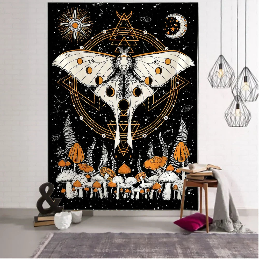 DecorBites™ Celestial Moth Tapestry: Moon Phase Flower Mandala Wall Decor