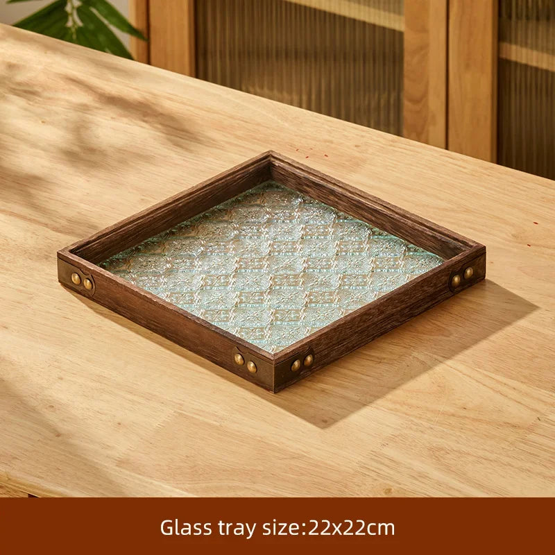 DecorBites™ Glass Tea Set with Wooden Handle Teapot on Retro Glass Tray