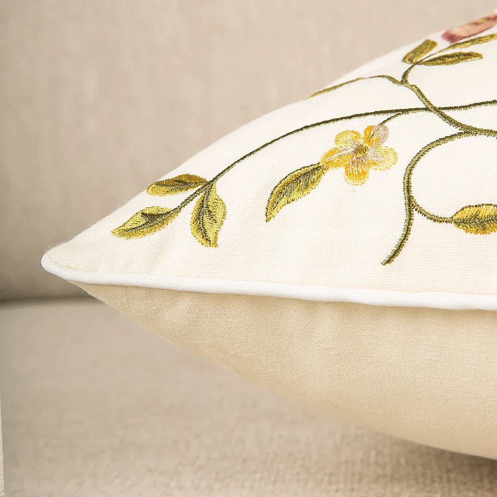 DecorBites™ Bird Embroidered Cotton Cushion Cover 45x45cm Square Floral Pillow Case