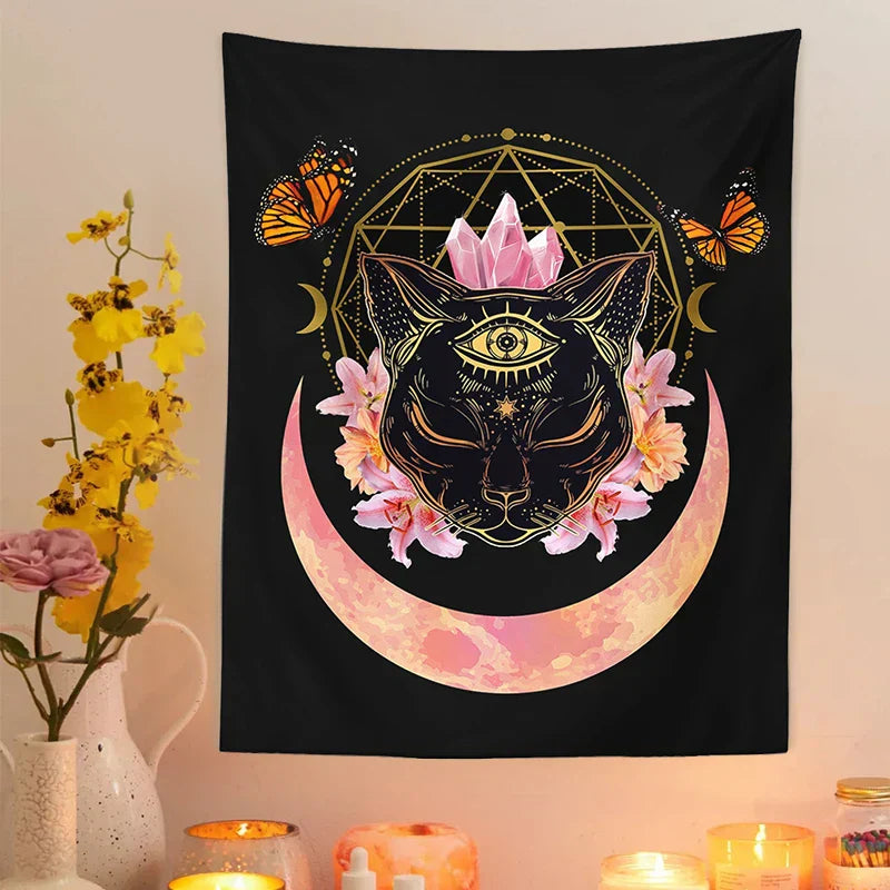 DecorBites™ Cat Witch Moon Star Tapestry Wall Hanging - Trippy Psychedelic Wall Decor