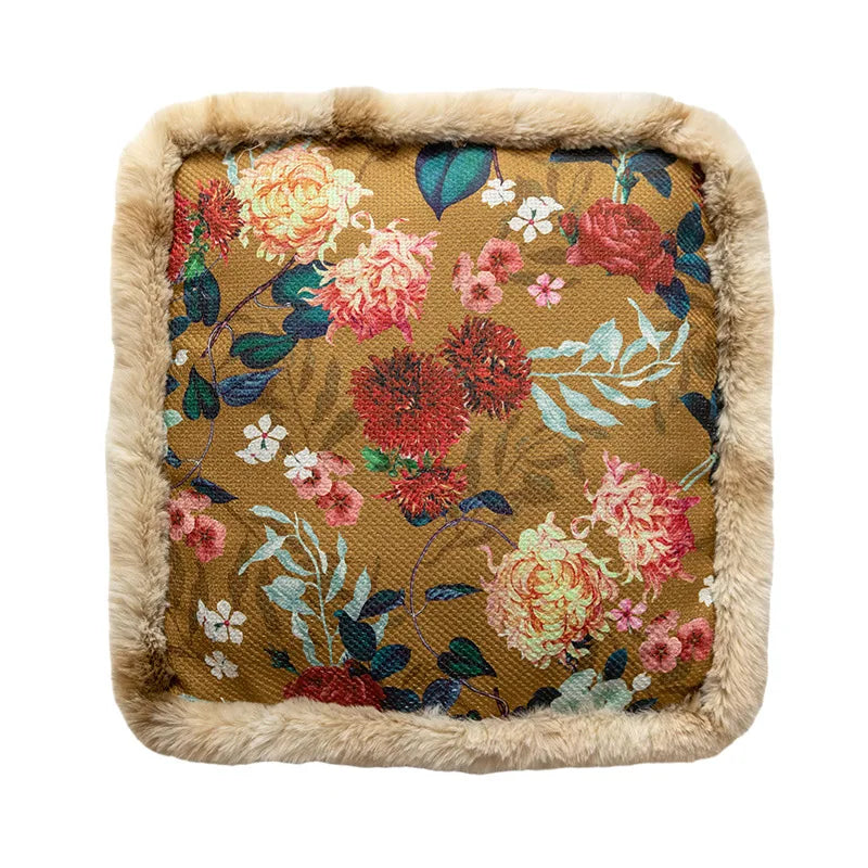 DecorBites™ Boho Floral Square Chair Cushions with Faux Fur Trim - Soft & Thick Seat Pad