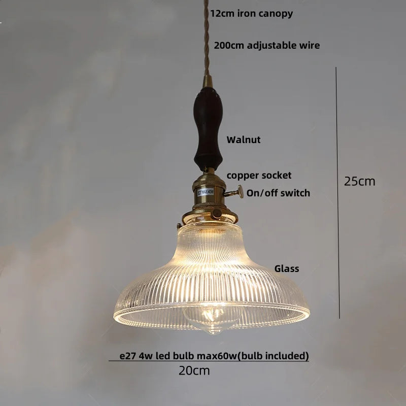 DecorBites™ Amber Glass LED Pendant Lamp Walnut Wood Copper Hanging Light