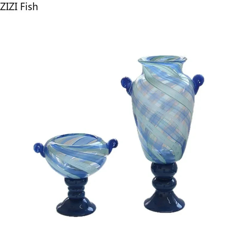 DecorBites™ Blue Stripe Glass Vase Hydroponics Plant Pot Room Decor