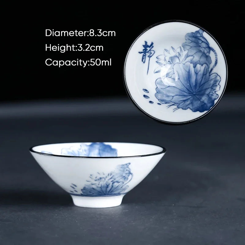 DecorBites™ Blue & White Ceramic Kung Fu Tea Cup, Japanese Style Porcelain Sake Espresso Mug