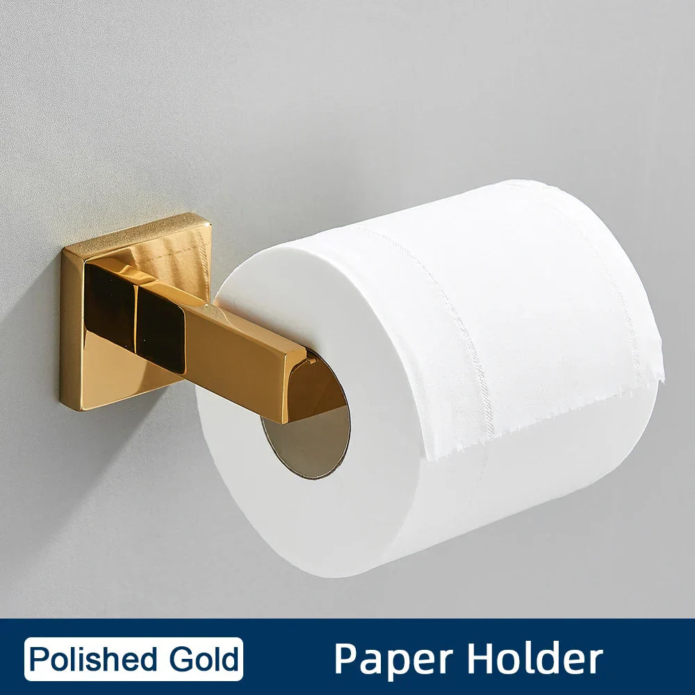 DecorBites™ Black Stainless Steel Bathroom Accessories Set: Towel Bar, Paper Holder, Hook & Bath Rack