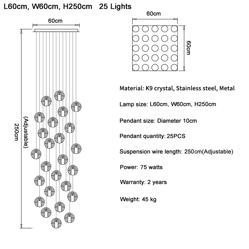 DecorBites™ Crystal Ball LED Chandelier Pendant Light for Living Room Kitchen Stair Salon