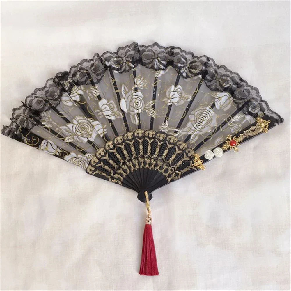 DecorBites™ Elegant Gemstone Handle Lace Fan for Dark Gothic Court Party
