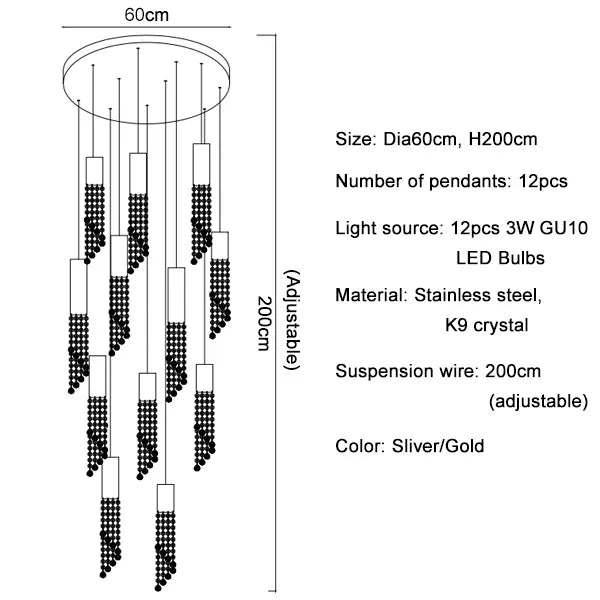 DecorBites™ Crystal Staircase Chandelier: Modern LED Lighting for Living Room, Hall, or Loft