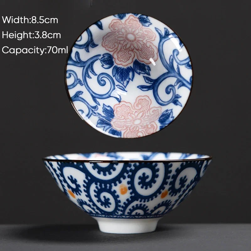 DecorBites™ Blue & White Ceramic Kung Fu Tea Cup - Japanese Style Porcelain Sake Cups